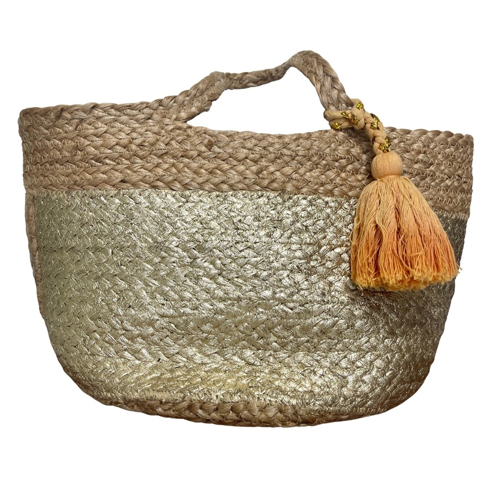 Shiraleah Chicago Jute Tote Metallic Gold Dipped Boho Tassel Basket Handbag